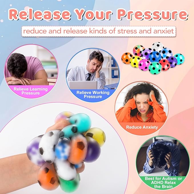 24 Pack Fidget Stress Balls for Adults, Stress Relief Sensory Soccer Stress Ball, Bulk Squishy Squeeze Ball Set for Birthday Gift, Soccer Party Favors, Adult Goodie Bag Stuffers