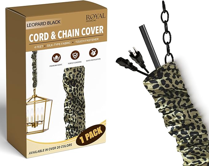 Royal Designs, Inc. Cord & Chain Cover 4 ft Silk Type Fabric, Chandelier Pendant Lighting Chain & Cable Management, Touch Fastener, Leopard Black - 1 Pack