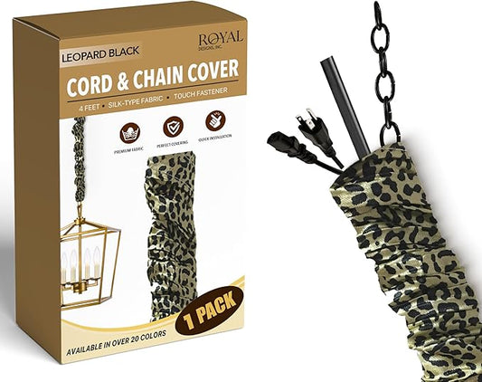 Royal Designs, Inc. Cord & Chain Cover 4 ft Silk Type Fabric, Chandelier Pendant Lighting Chain & Cable Management, Touch Fastener, Leopard Black - 1 Pack