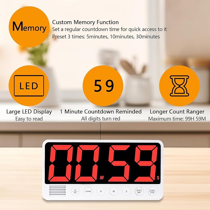 FCXJTU Digital Kitchen Timer - 7.1” Extra Large Display LED Magnetic Rechargeable Countdown/Up Timer, with 6 Alarms 4 Levels Volume Memory Function for Cooking, Classroom, Office, Home Gym (White)