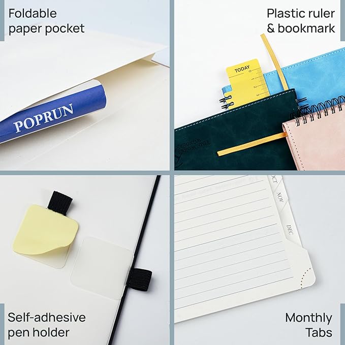 POPRUN 2026 Planner Weekly Notebook (Jan-Dec), Medium 8.5''x 6.5'' - Agenda 2026 Calendar Book with Monthly Tabs, Inner Pocket, Spiral Soft Cover, 100 GSM - Soft Pink