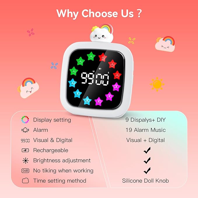 Yunbaoit Digital Visual Timer for Kids, Rechargeable 99-Minute Silent Countdown Timer with 19 Ringtones, 9 Optional DIY Color Star Display, Time Management Tool with Pause Function (Rainbow)
