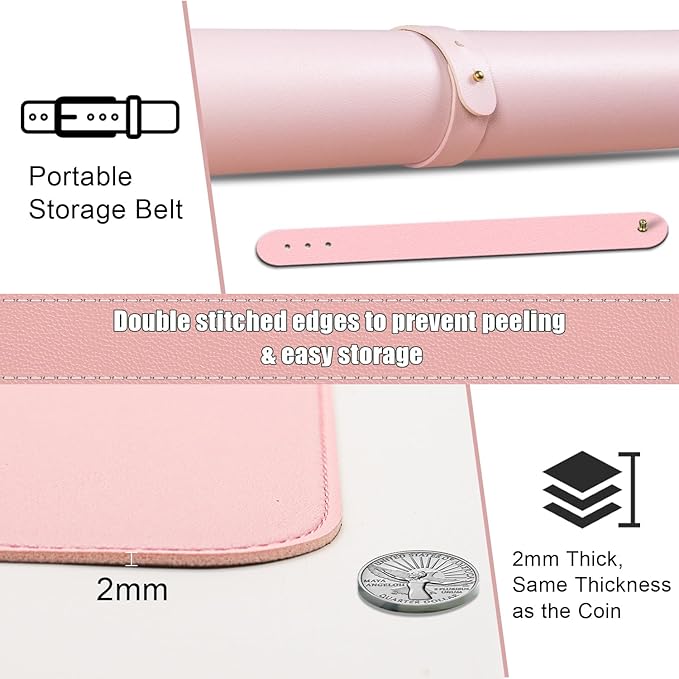 Large Non-Slip PU Leather Office Mat for Home & Office, 55'' x 17'' - Laptop Desk Blotter Pad for Mouse and Keyboard, Pink