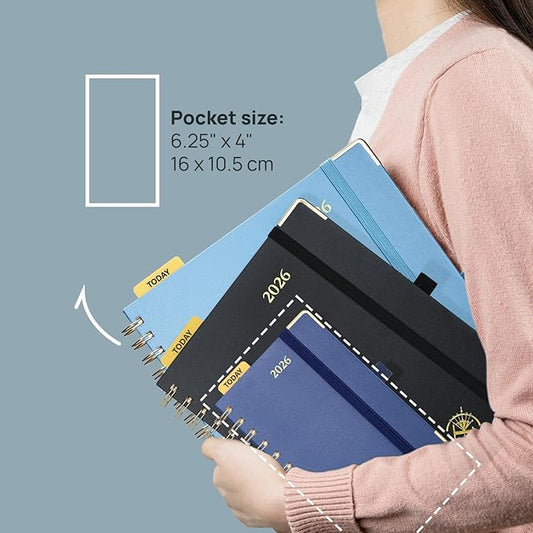 POPRUN 2026 Planner (Pocket Size 4''x 6.25'' Wire-Bond Hard Cover) Calendar Weekly and Monthly (Jan.2026-Dec.2026) Small Planner with Hourly Time Slots, for Purse, 100 GSM - Haze Blue