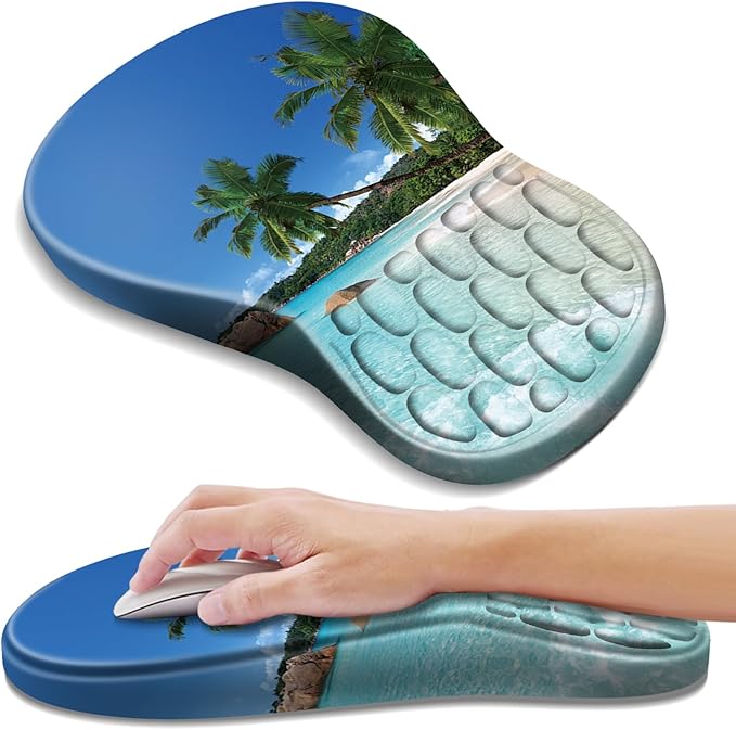 Ergonomic Mouse Pad with Wrist Rest Support, Mousepad with Comfortable Memory Foam Wrist Rest and Non-Slip PU Base for Pain Relief, Computer, Laptop, Office, Home (Beach)