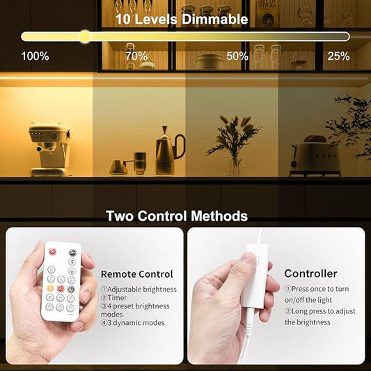 WOBANE COB LED Strip Light Kit,9.8ft Dimmable LED Light Strip with RF Remote for Kitchen Cabinet,Counter,Shelf,TV Back,3000K Warm White,CRI90+,Surper Bright,1500lm,Timing,960 LEDs,ETL Adapter