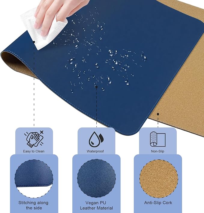 Large Desk Pad 35.4" x 17", Non-Slip Desk Mat with PU Leather & Natural Cork, Waterproof Writing Desk Natural Cork, Computer Mat Desk Protector for Office Home, Dark Blue