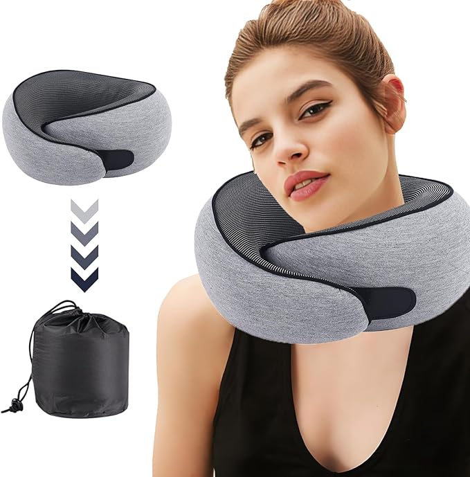 Airplane Travel Neck Pillow for Support Long Flight,Memory Foam Travel Pillow Compact Head Support with Pain Relief,Ergonomic Sleeping Pillow & Road Trips(Gray)