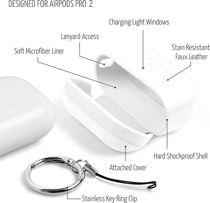 Dreem Om Case Cover with Keychain Clip Compatible with AirPods Pro 2/Pro, Protective One-Piece Hard Shell, Luxury Vegan Leather AirPod Pro Case 2nd/1st Generation with Separate Clip [White]