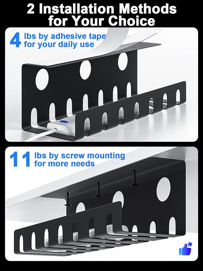 Delamu 2 Pack Metal Under Desk Cable Management Tray, U-Channel Cord Organizer Box, Office Under Desk Cord Organizers, Cable Management with Various Accessories, Black, 15.75 Inches