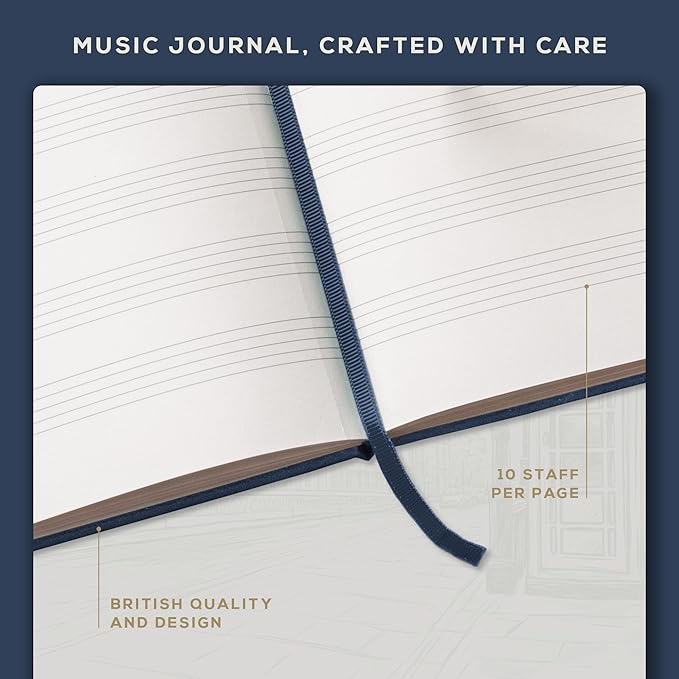 BEECHMORE BOOKS Blank Sheet Music Notebook – A4 8.5x11.5 for Songwriters, Musicians & Composers, 156 Thick 120gsm Pages, 10-Staff Perforated Sheets, Vegan Leather Hardcover, Elastic Closure, Gift Box