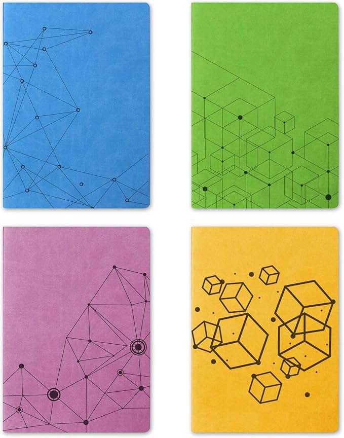 SINOBAND 4 Pack Notebooks for journaling,Colorful Subject Notebooks Set with Geometric Graphics Pattern,PU Leather Notebook writing journals with lined paper for School and Office(Random Colors)