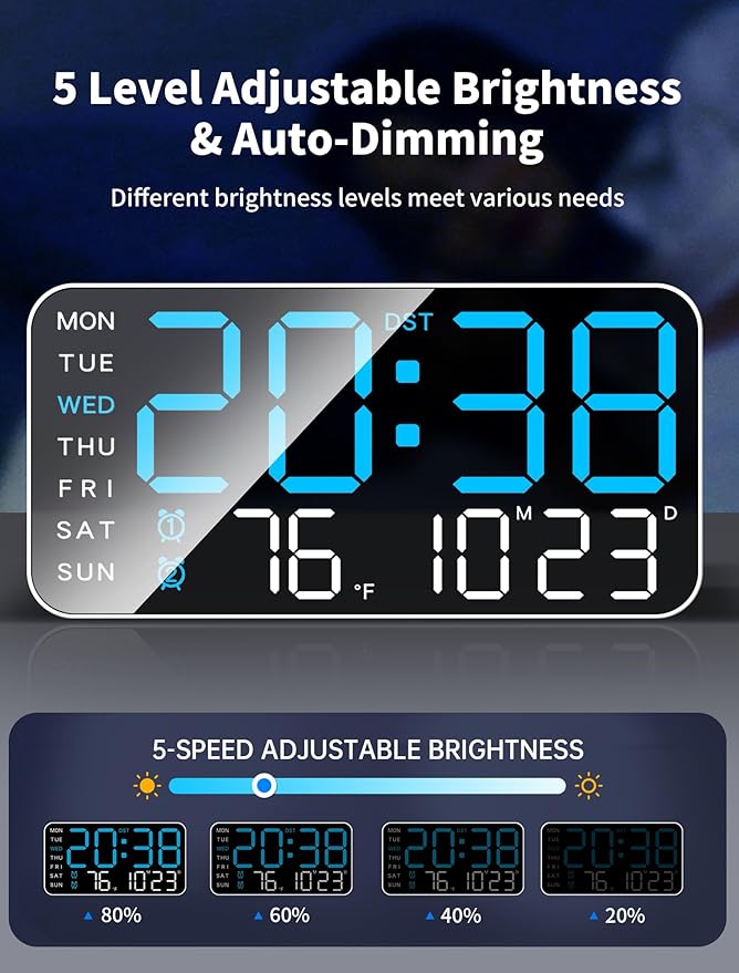 MASHI 8.4''Large Digital Wall Clock, Led Alarm Clock with Big Digits, Date, Temperature, DST, Modern Decor Design for Desk,5-Level Brightness for Room, Bedroom, Gift, Yougster and Elderly