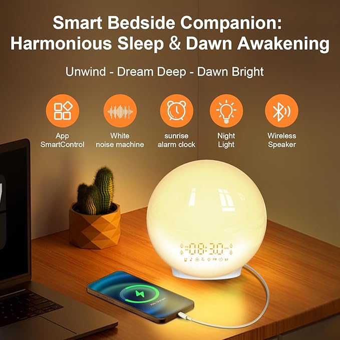 Smart Wake Up Light Sunrise Alarm Clock with Dawn-Dusk Simulation, 4 Alarms, Nature Sounds - Heavy Sleeper Mode, Custom Routines