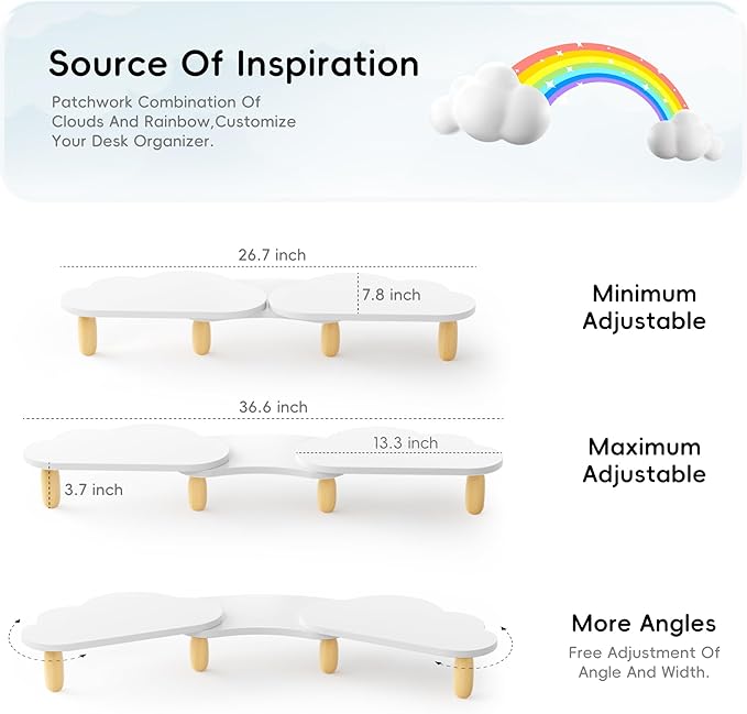 Dual Monitor Stand Riser,Rainbow Cloud Desktop Computer Stand for 2 Monitors,Adjustable Length and Angle Multifunctional Desktop Organizer Stand for Laptop, PC, Computer, Printer,White