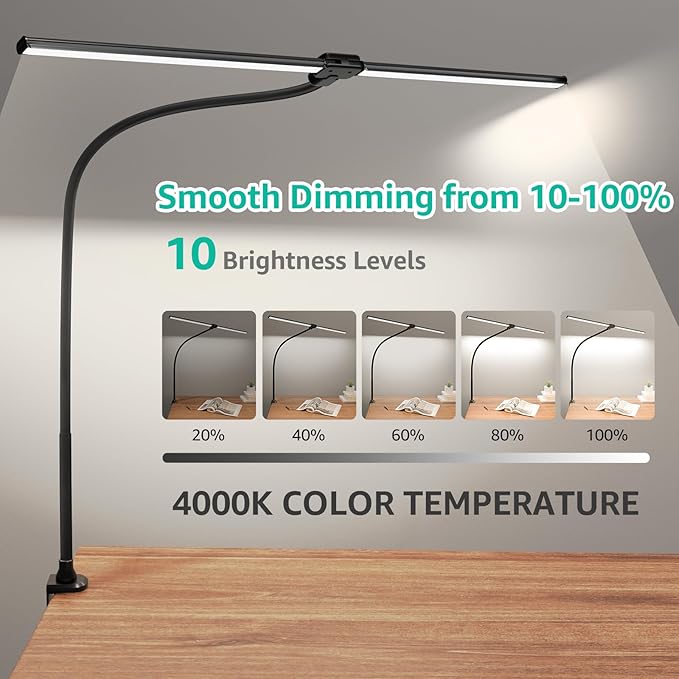 ShineTech LED Desk Lamp for Home Office, 4000K Neutral White Double Head Architect Task Lamps with Clamp, Dimmable Adjustable Flexible Gooseneck,Black