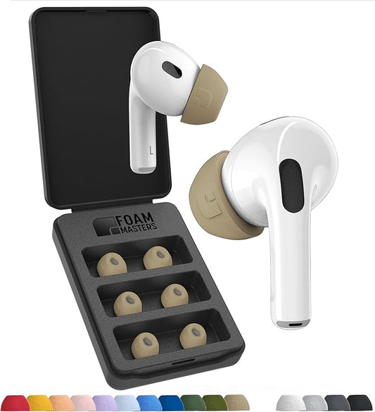 Foam Masters Ultra-Premium Memory Foam Ear Tips for AirPods Pro 1st & 2nd Gen | 3 Pairs | New Ver. | Secure Fit | Super Comfort | Better Noise Cancel | Replacement Buds (Medium, FDE Tan)