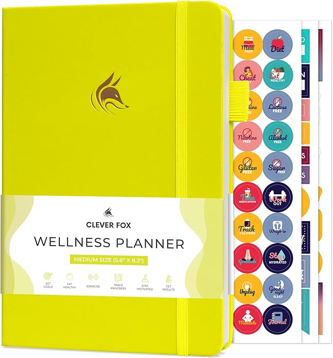 Clever Fox Wellness Planner - Weekly & Daily Health and Wellness Log, Food Journal & Meal Planner Diary for Calorie Counting, Notebook for Medical Condition Tracking, A5-Sized - Neon Yellow
