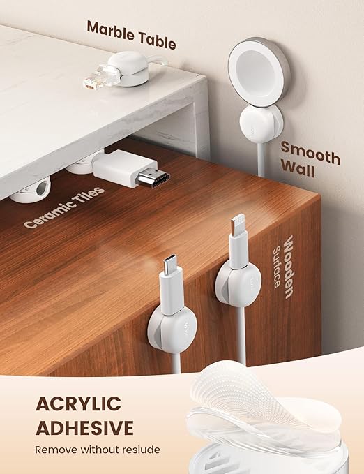 Lamicall Cord Organizer, Spring Cable Management Clips - 6Pack Compact Desk Cable Holder Clips, Nightstand Phone Charging Cord Holder, 8mm Slot Adhesive Wire Organizer, Office Accessory, White