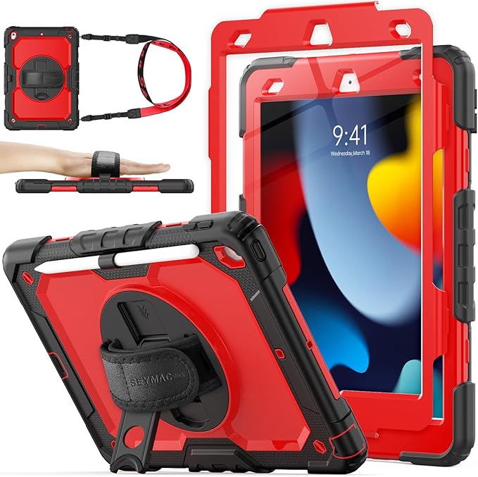 SEYMAC stock Case for iPad 9th/ 8th/ 7th Generation 10.2'', Shockproof with Screen Protector, Pencil Holder [360° Rotating Hand Strap] & Stand, for iPad 10.2 inch 2021-2019 (Red+SiliconeBlack)