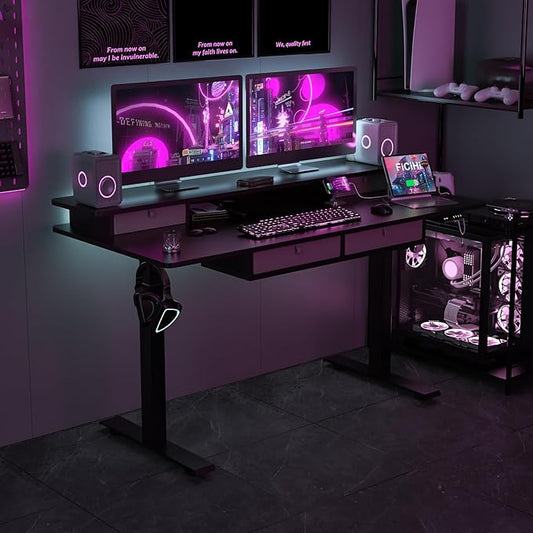 Adjustable Height Standing Desk with 4 Drawers,63 x 30 inches Electric Sit Stand Home Office Desk with Two Tiers, 3 Memory Presets, Monitor Stand Riser, USB A/C Charging Port