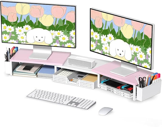 Desk Dual Monitor Stand Riser - Desk Organizer with Drawer and Pen Holders, Office Desk Accessories & Workspace Organization, Computer Monitor Stand for Laptop, Printer(Pink＆ White)