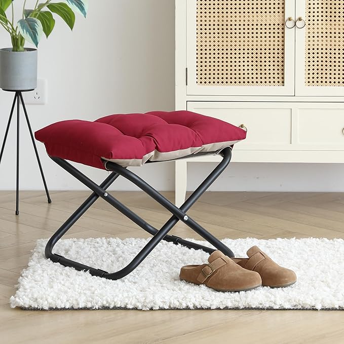 LITA Folding Footrest Stool, Portable Ottoman Foot Rest, Upholstered Small Foldable Ottoman Stool with Detachable Thick Cotton Cushion Padded Sofa Stool for Living Room, Bedroom, Burgundy