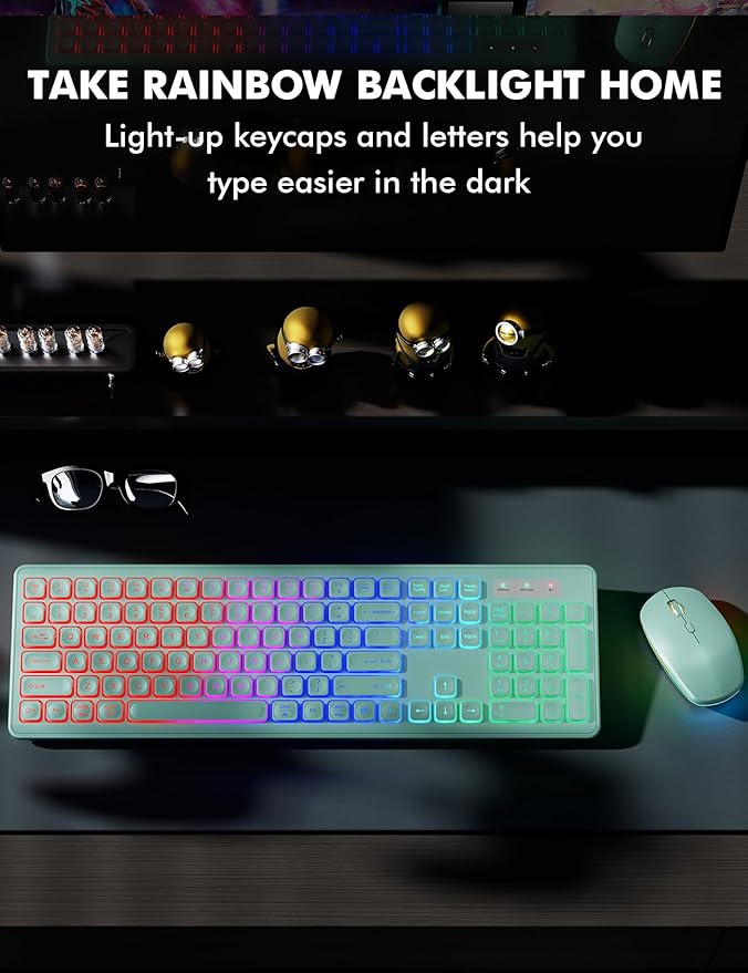 Wireless Keyboard and Mouse Combo - RGB Backlit, Rechargeable & Light Up Letters, Full-Size, Ergonomic Tilt Angle, Sleep Mode, 2.4GHz Quiet Keyboard Mouse for Mac, Windows, Laptop, PC, Mint Green