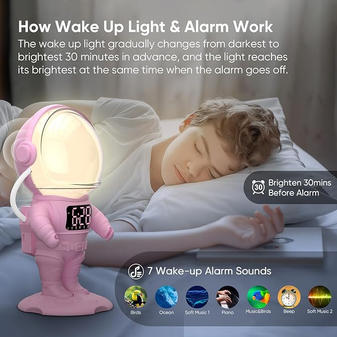 Astronaut Sunrise Alarm Clock for Kids, White Noise Sound Machine with 30 Soothing Sounds, 22 Dimmable Nightlights, Bluetooth Speaker, Dual Digital Alarm Clocks, Wake Up Light for Bedroom, Adults