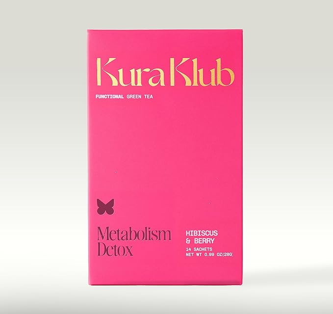 Kura Klub Green Tea Metabolism Blend — Herbal Detox & Beauty Support with Hibiscus| Clean Energy, Digestion & Bloat Relief | Strawberry Lemon Flavor | 14 Plant-Based Pyramid Tea Bags | No Microplastics