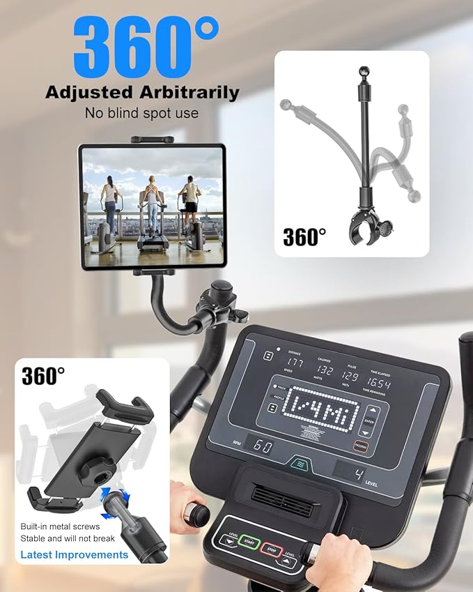 Spin Bike Tablet iPad Holder - Long Arm Gooseneck Tablet Mount Clamp for Indoor Bike Peloton, Treadmill, Wheelchair, Stroller, Exercise Bicycle Clamp for iPad Pro/Air/Mini, 4-13" Tablet Phone