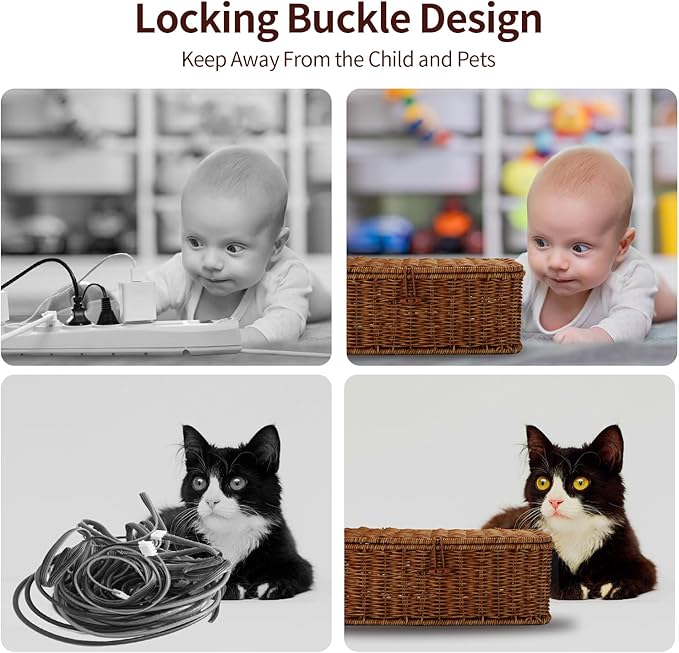 Cable Management Box, Desk Handwoven Rattan Cord Hider Organizer Box With Lid Button Lock, Power Strip Holder Decorative Box, Floor Cord Surge Protector Storage Box