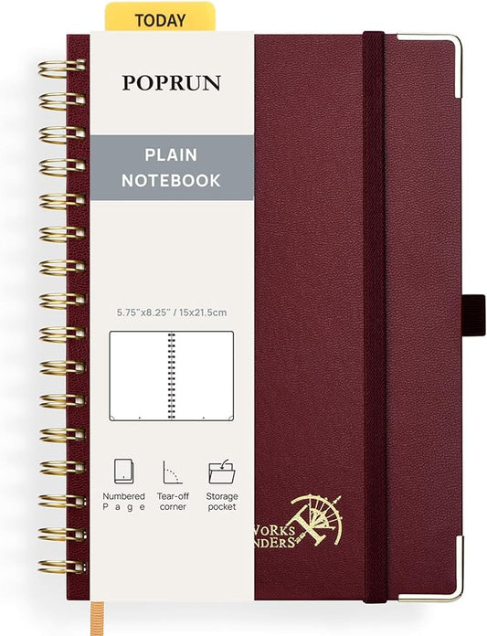POPRUN Blank Journal Notebook, [A5-5.75'' x 8.25''] - 120 GSM Thick Paper, 141 Numbered Pages, Spiral Hardcover for Men & Women with Pocket, Index Tabs, 8 Perforated Sheets, Burgundy