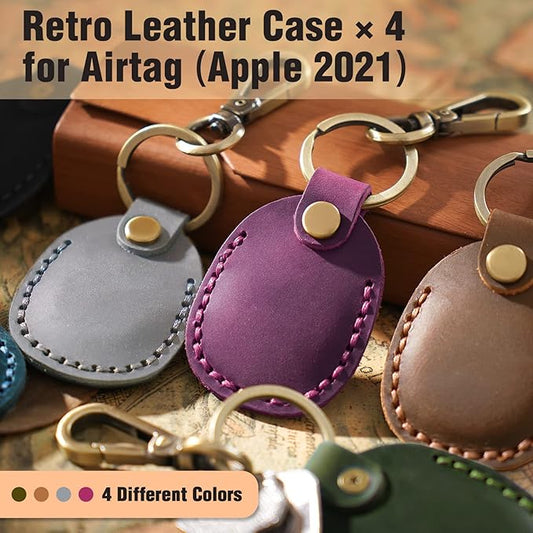 Leather Airtag Holder [ 4 Pack ] with Keychain, Portable Handmade Genuine Leather Air Tag Holder with Keyring Protective Airtag Case Cover Accessories Colorfully 4 Pack
