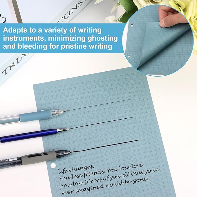 100 Sheets Half Letter 3 Hole Notebook Grid Paper Refill 5-1/2 x 8-1/2 Loose Leaf Paper for Mini Binder Colored Graph Paper Bulk Quad Ruled Graph Paper for Planner Inserts for School Office