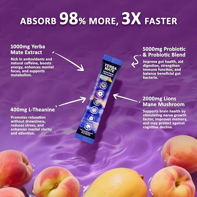 Yerba Mate Peach Mango Drink Mix - Instant Tea Powder with Natural Caffeine & Probiotics for Gut Health, Focus, Cortisol Levels, Immunity, 30 Servings Clean Energy Drink Powdered, No Crash, Sugar-Free