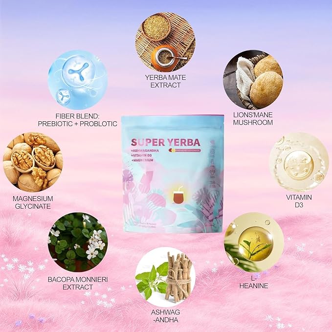 Super Yerba Mate Instant Tea Powder with Prebiotics & Probiotics丨Raspberry Lemonade Flavor for Gut Health丨30 Servings