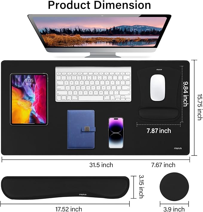 MOSISO Keyboard Mouse Pad Set, Large Gaming Mousepad&Keyboard Wrist Rest&Mouse Wrist Rest&Coaster, Ergonomic Non-Slip Mousepad&Easy Typing Cushion with Memory Foam for Home Office, Black