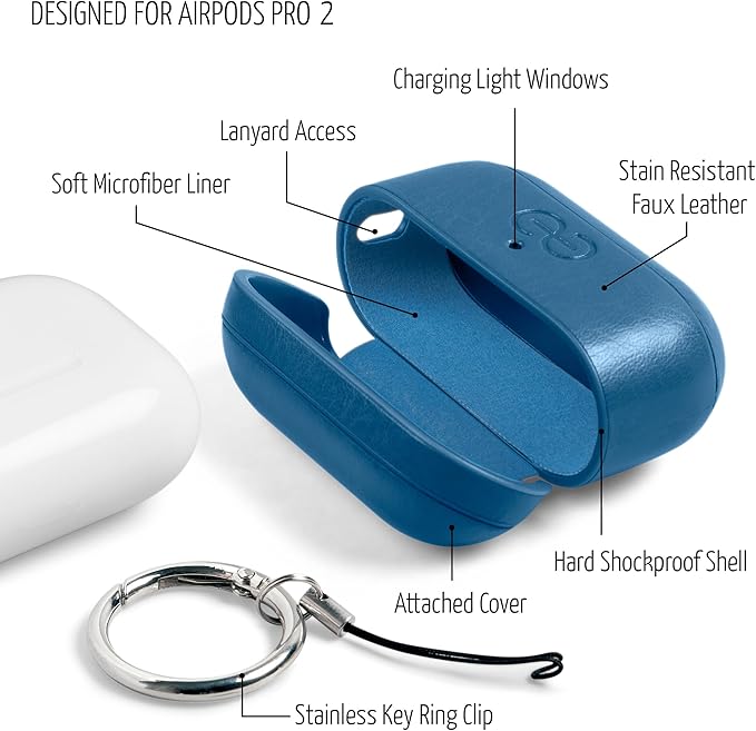 Dreem Om Case Cover with Keychain Clip Compatible with AirPods Pro 2/Pro, Protective One-Piece Hard Shell, Luxury Vegan Leather AirPod Pro Case 2nd/1st Generation with Separate Clip [Slate]
