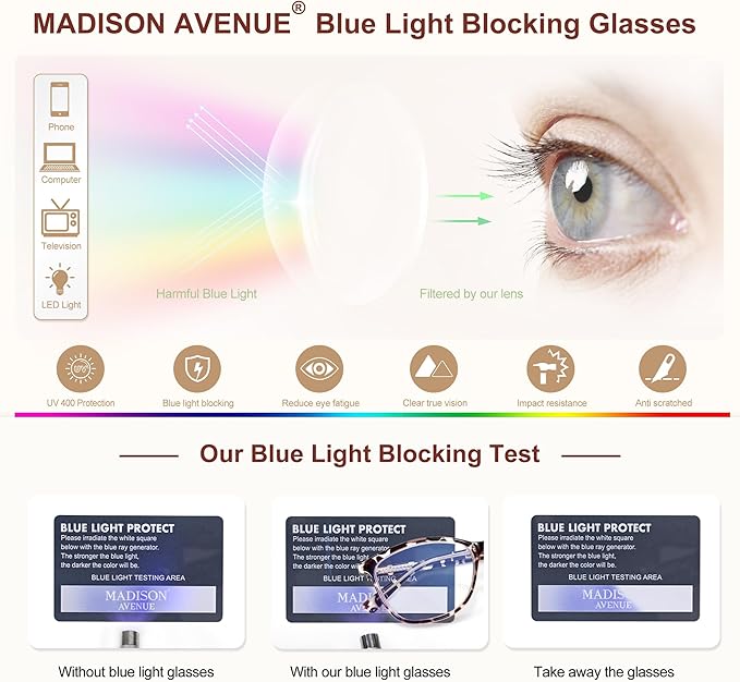 Madison Avenue TR90 Blue Light Blocking Glasses Anti Eyestrain UV Glare Blue Light Glasses for Women TV Phone Computer Gaming Eyeglasses (Black Tortoiseshell)