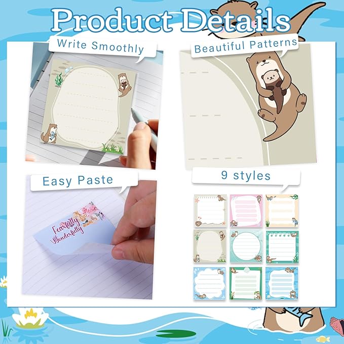 Otter Sticky Notes Gifts, 9 Pack Cute Sea Otter Notepads 3x3 Inch Gifts for Coworkers Students, Ocean Animals Post Memo Pads Office School Supplies for Men Women (450 Sheets)
