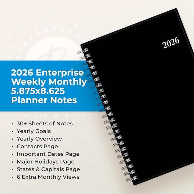 Blue Sky 2026 Weekly and Monthly Planner Calendar Notes, Includes January 2026 - December 2026, 5.875" x 8.625", Flexible Cover, Wirebound, 30 Extra Notes Sheets, Laminated Tabs, Enterprise