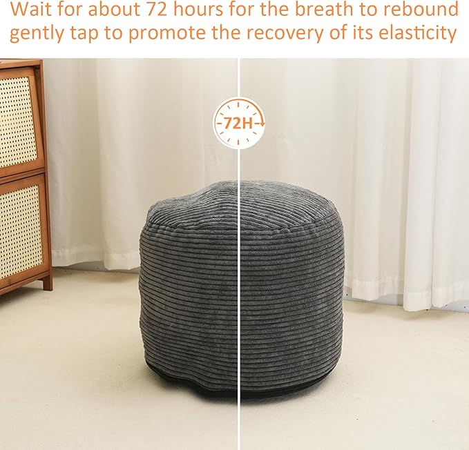 Pouf Ottoman Stuffed Round Modern Foam Filled Foot Rest Corduroy Poufs for Living Room Chair Decorative 20 X 15 Inches Fluffy Pouf Foot Stool Storage Ottoman, Dark Grey