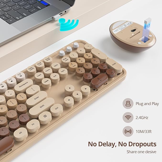 GTSP Retro Wireless Typewriter Keyboard and Mouse Combo, 2.4GHz Full-Size Cute Office Computer Keyboard with Round Keycaps for Desktop Laptop and PC (Colorful Brown)