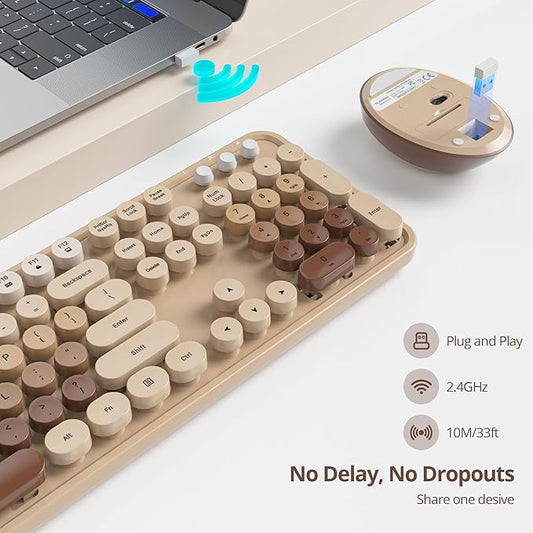 GTSP Retro Wireless Typewriter Keyboard and Mouse Combo, 2.4GHz Full-Size Cute Office Computer Keyboard with Round Keycaps for Desktop Laptop and PC (Colorful Brown)