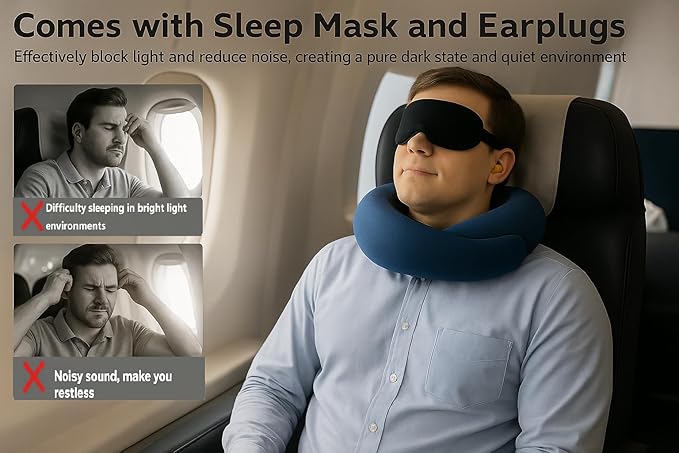 Travel Pillow, Travel Pillows for Airplanes, 100% Pure Memory Foam Travel Neck Pillow with Eye Mask & Ear Plugs, Comfort and Ergonomic Design, Ideal for Airplanes, Cars and Offices