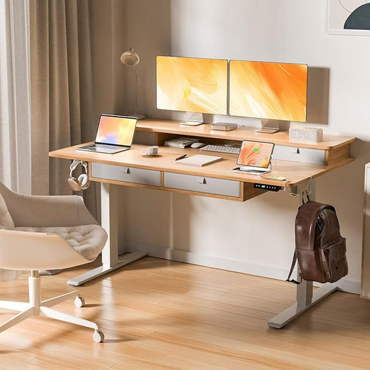 55 * 30 Inches Electric Standing Widened Desk Adjustable Height with 4 Drawers, Double Storage Shelves, Home Office Workstation Sit Stand up Desk (Nature)