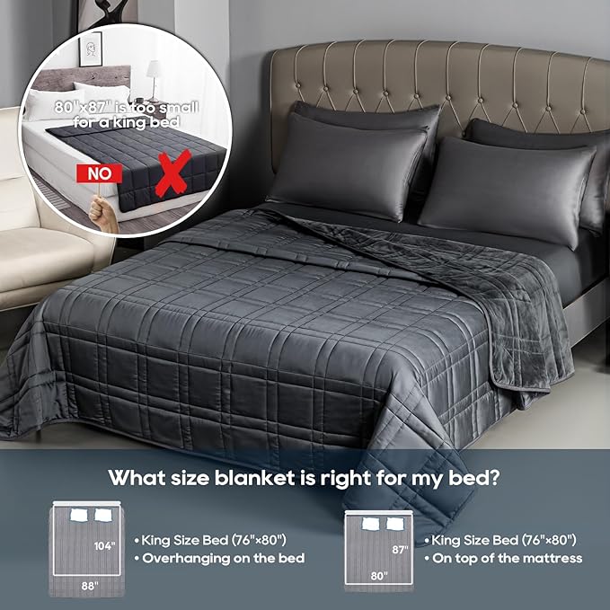 King Size Weighted Blanket 40lb(88''x104'' , Dual-Sided), Reversible Cozy Warm Velvet & Cooling Tencel Fabric King Weighted Blanket for Adults & Couples All Season Use - Carry Bag Included, Dark Grey