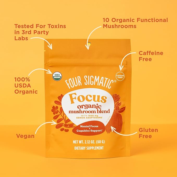 Four Sigmatic Focus Blend | Organic Lion's Mane Powder with Adaptogen and Mushroom Blend | Includes Cordyceps, Rhodiola, Bacopa & Mucuna | 30 Servings