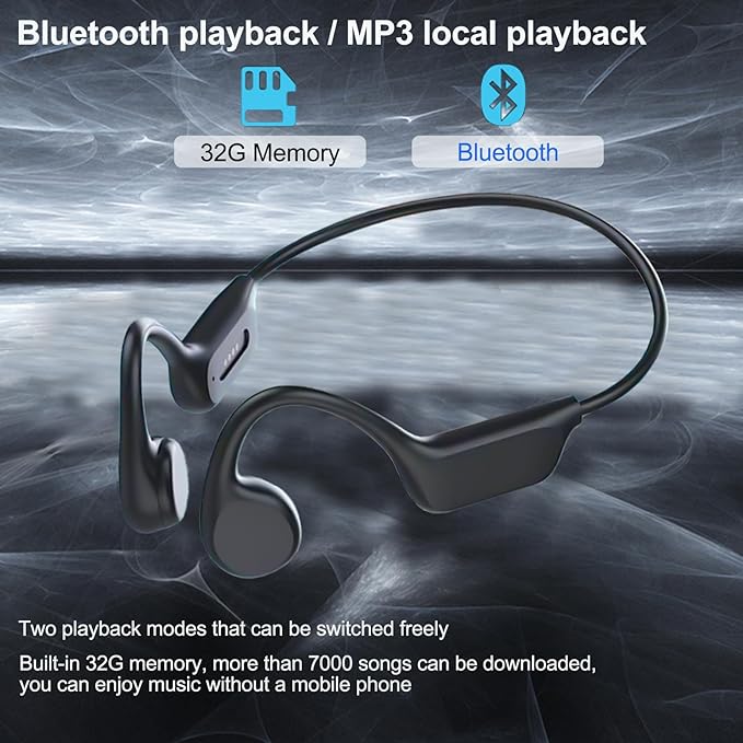 Bone Conduction Headphones Sports Headset Open-Ear Bluetooth 5.4 Wireless Swimming Earphones with Built-in Mic 32G Memory Magnetic Charging IPX8 Waterproof for Workout Running Cycling (Pure Black)